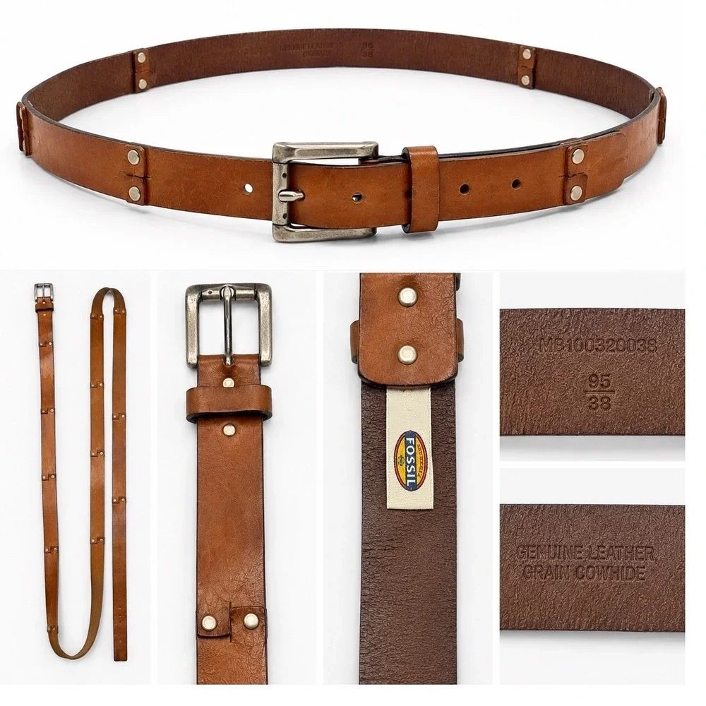 Fossil Leather Belt Mens 38 Brown Italian Full Grain Cowhide Casual Classic
